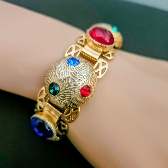 Vintage Red, Blue & Green Rhinestone Bookchain Link Style Bracelet - Picture 1 of 8